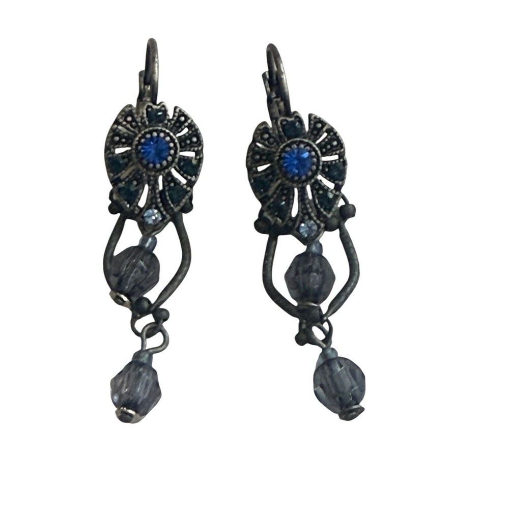 Vtg Blue Rhinestone Dangle Earrings Glass Bead Drop Antique Silver Tone Jewelry